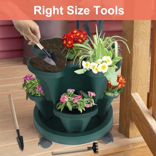 DUNCHATY Stackable Planter, Vertical Garden Planter with Wheels and Tools, Self Watering Strawberry Planter Indoor/Outdoor 7 Tier Herb Planter Pots for Growing Vegetables and Succulents,Pine Green