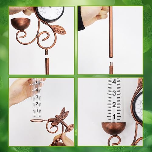 Dragonfly Rain Gauge Garden Decor, 32" Thermometer Patio Decor, 7" Capacity Rain Gauge Replacement Tube Glass, Outdoor Temperature Patio Decor