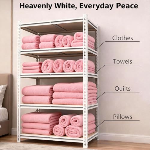White 72"h *40.12"w*18"d Storage Shelves Shelving: Adjustable Metal+Wood 5-Heavy-Duty-Shelf (Unit)-Rack Industrial Utility Household Organizer/Systerm for Kitchen Pantry/Bedroom/Garage/Closet