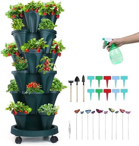 GameXcel Vertical Planter Tower - 6 Tier Stackable Garden Planters with Wheels and Garden Tool Set Plant Pots for Strawberry Herb Flower and Vegetable Indoor Outdoor Use Green