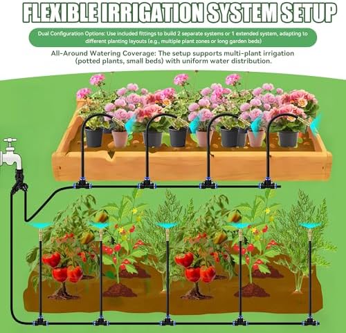 100FT Drip Irrigation Kit System for Garden 360° Adjustable Garden Sprinklers for Yard Watering System with 18 Nozzles Raised Bed Greenhouse Plant Watering Devices Misting System