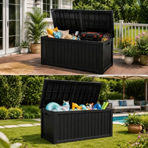 270 Gallon Lockable Resin Outdoor Storage Box, Waterproof & Weather Resistant Deck Box for Patio Cushion, Garden Tools & Pool Accessories, Black New