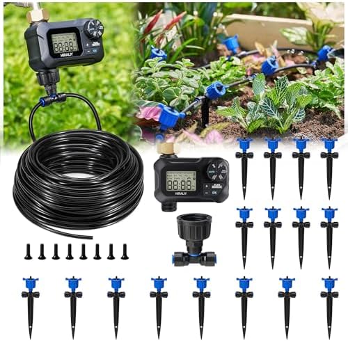 HIRALIY 50FT Drip Irrigation Kit with Timer for Raised Beds