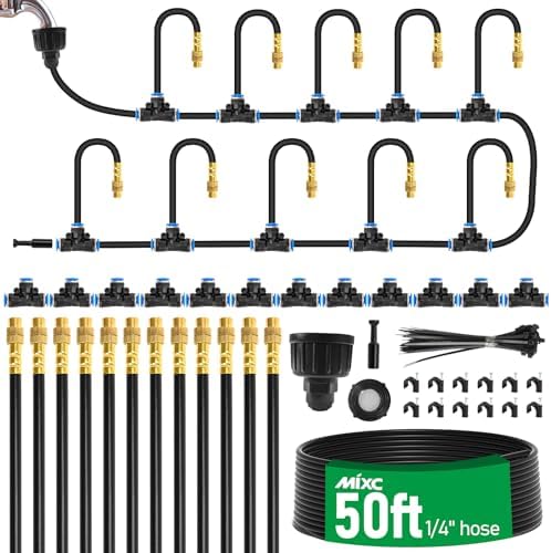 MIXC 50Ft 1/4" Drip Irrigation System,2026-Upgrade Garden Irrigation Kit with 12pcs Adjustable Copper Nozzles,Automatic Atomizing Watering System for Outdoor Plants,Raised Bed,Yard,Potted Plant,Lawn