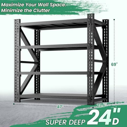 4 Tier Heavy Duty Garage Shelving,Industrial Shelving Built for Maximum Weight,Garage Storage Racks Heavy Duty Steel Shelves,Large Capacity Metal Rack for Warehouse,Shop,Basement
