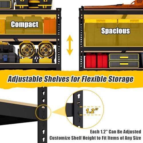 72" H x 35.5" W x 12" D 5-Tier Metal Storage Shelves: Heavy Duty Garage Shelving Adjustable Shelves for Storage - Black Utility Rack Shelf for Pantry, Warehouse, Office, Kitchen, 2PCS
