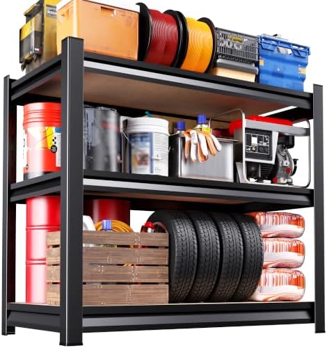33" H x 35" W Garage Shelving for Home & Garage Organization, 3-Tier Adjustable Heavy Duty Metal Storage Rack with Steel Frame & MDF Shelves for Pantry, Basement, Workshop & Utility Room