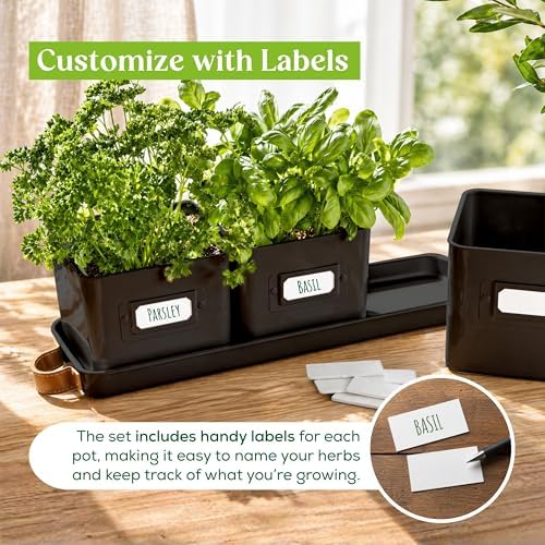 volila Herb Planter Indoor - Set of 3 Black Indoor Herb Garden Pots for Plants with Leather Handled Tray - Window Sill Plant Shelf - Herb Pots with Drainage Holes and Labels