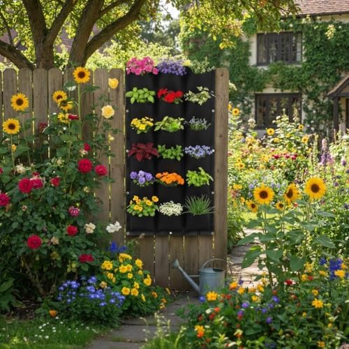WFIST Vertical Hanging Planter Bag, Breathable Felt Wall Garden Planter with Metal Grommets, Indoor/Outdoor Space-Saving Herb & Flower Growing Pouch (18-Pocket)