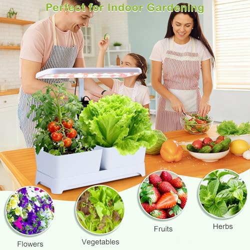 Indoor Herb Garden with Grow Light & Pots, Full Spectrum LED Planter for Kitchen Herbs & Houseplants, Height Adjustable Indoor Growing System for Home & Apartment Decor (White, 16 * 6.3 * 7.1 inch)