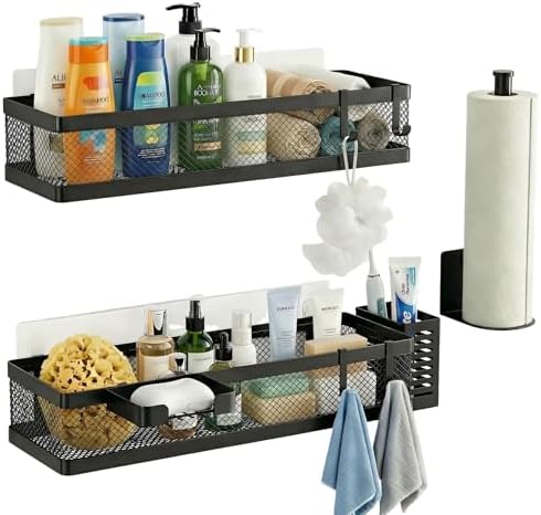 PUSDON 5-in-1 16.5" Extra Long Slim Wall Mount Wrapped Mesh Kitchen Organizer & Shower Caddy Kit, with Paper Towel Holder, Utensil Holder, Soap Dish, Holds 50LBS - Matte Black, Netting
