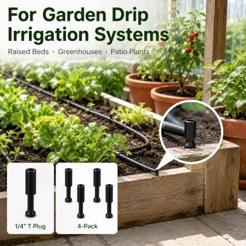 4-Pack 1/4 Inch Drip Irrigation T Plugs for Watering Kits