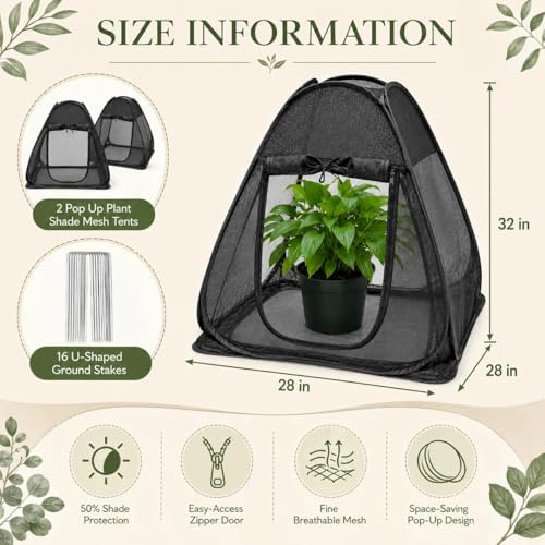 2PCS Pop up Plant Shade Tents（28 x 28 x 32 in-50% Shade Mesh Plant Cover with 16 U-Shaped Stakes for Outdoor Plants, Pop up Gardening Net Cover with Zipper Door, Guard Cover for Potted Plants