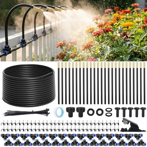 GOTGELIF 100FT Drip Irrigation Kit, with 25Pcs 360° Adjustable Nozzles, 5/16" Tubing, 30 T-connectors, Water-Saving System, Garden Watering Sprinkler for Greenhouse, Vegetable,Potted Plants, Lawn