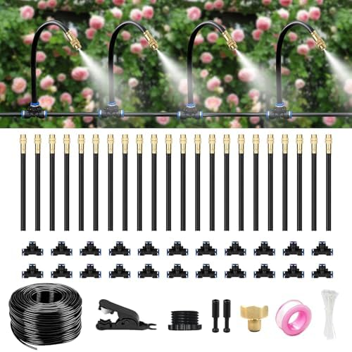 80FT Drip Irrigation System for Garden – Automatic Watering Kit with Solid Brass Metal Connectors, 360° Bendable Tubing &22 Adjustable Nozzles for Greenhouse, Lawn, Yard & Plants