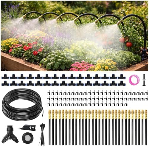 100FT Drip Irrigation System Kit Dual-Zone Garden Atomizing Watering System with 30 Copper 360° Adjustable Bendable Nozzles,Y-Splitter, Leak-Proof 1/4" Misting System for Garden Greenhouse Raised Beds