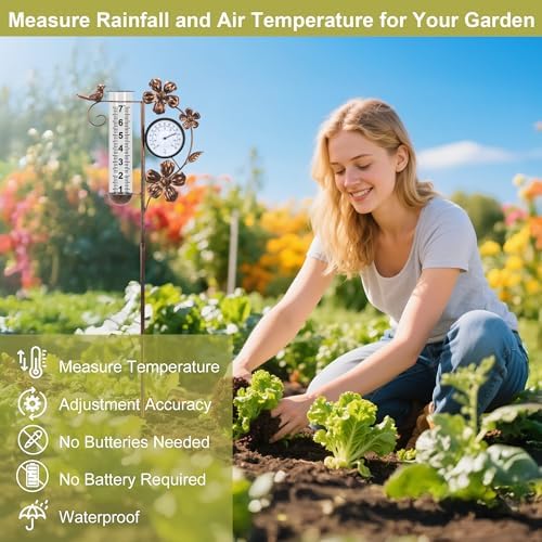 shumi Rain Gauge Outdoor with Thermometer, Decorative Bird Rain Gauge