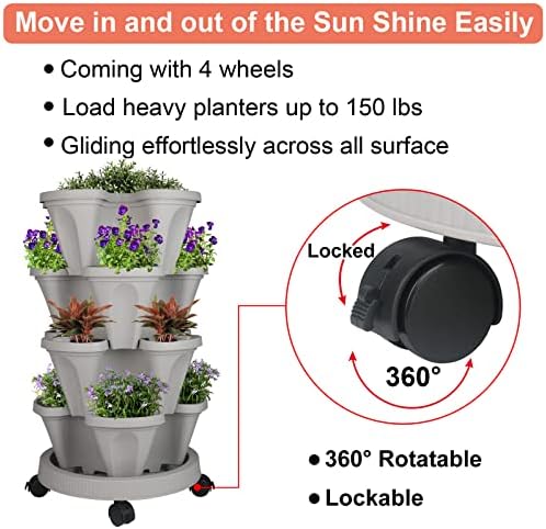 GameXcel Vertical Planter Tower - 4 Tier Stackable Garden Planters with Wheels and Tools Plant Pots for Strawberry Herb Flower and Vegetable Indoor Outdoor Use Gray 2 Pack