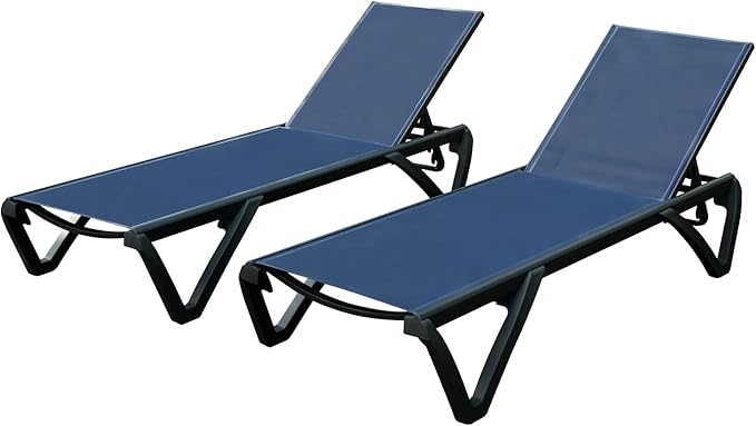 Domi Outdoor Lounge Chair Set of 2, Aluminum Patio Chaise Lounge with 5 Position Adjustable Backrest and Wheels, All Weather Reclining Chair for Patio, Navy Blue