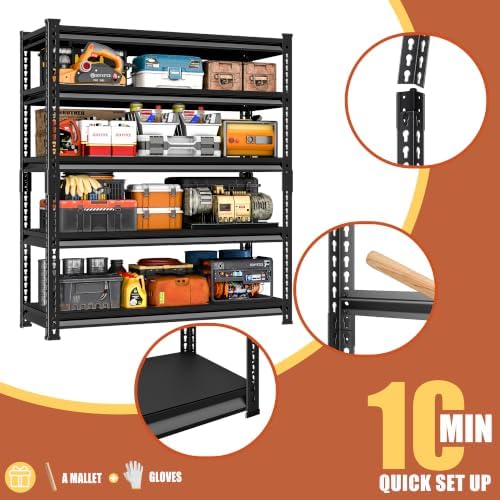 5-Tier Garage Shelving Heavy Duty, 48''W x 18''D x 78''H Metal Shelving Unit, 2400 lbs Weight Capacity Adjustable Storage Shelves for Retiple Tanks, Aquariums, Pantry, Black