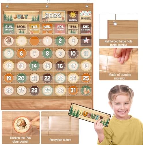 Sinload Classroom Calendar Pocket Chart Wood Color, Woodland