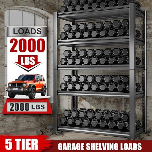 Raybee Storage Shelves 2000LBS Garage Shelving Heavy Duty, 5-Tier Adjustable Garage Shelves, Metal Shelving for Garage, Basement, Warehouse, Pantry, 72" H x 31.5" W x 16.5" D, 2PC, Black