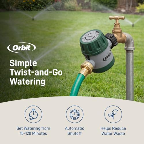 Orbit Mechanical Water Timer - Adjustable Irrigation Shutoff for Lawn & Garden Watering - Battery-Free Clockwork Hose Faucet Timer with Easy Grip Dial & Manual Bypass - 62034