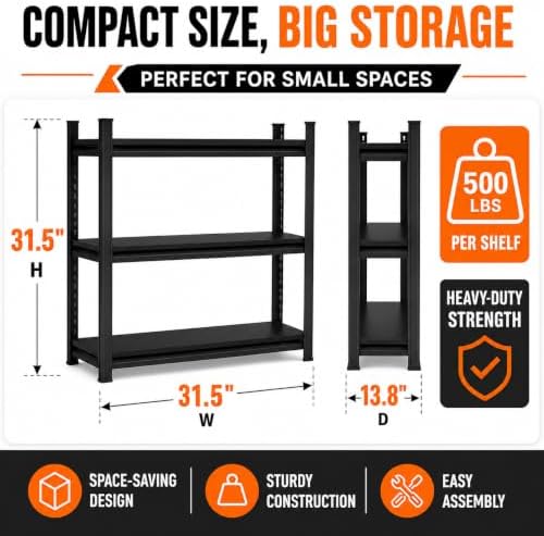 Metal Garage Shelving Unit, Heavy Duty Adjustable Storage Shelves, Steel Shelving, 1500 lbs Capacity Shelves for Heavy Tools and Equipment, 3 Tier, 31.5" W × 13.8" D × 31.5" H