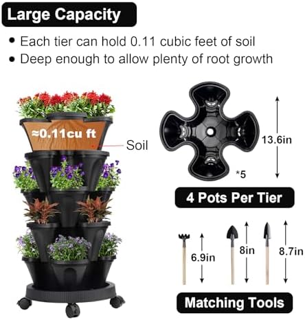 GameXcel Vertical Planter Tower - 5 Tier Stackable Garden Planters with Wheels and Tools Plant Pots for Strawberry Herb Flower and Vegetable Indoor Outdoor Use Black