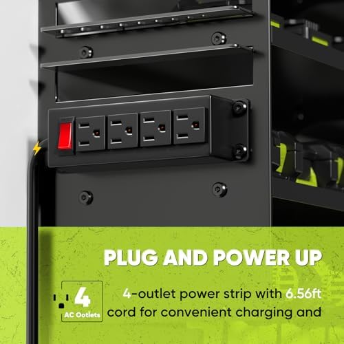 POKIPO Large Power Tool Organizer Wall Mount with Charging Station,4 Layer Heavy Duty Metal Tool Storage Rack Loads 600lbs with 8 Cordless Drill Holder,Battery Utility Rack Loads with 4 Power Strip