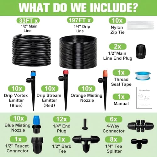 230FT Drip Irrigation System for Garden with 40 Nozzles & Emitters, Garden Watering System with 1/2" & 1/4" Tube and Barbed Fittings - Adjustable Sprinklers Kit for Greenhouse, Lawn, Raised Bed