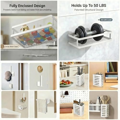 PUSDON 5-in-1 Shower Caddy & Kitchen Organizer Set, Wall Mount Wide Spice Rack with Paper Towel Holder, Utensil Holder, Soap Dish, Rustproof Mesh Baskets Hold 50LBS - White, Guardrail