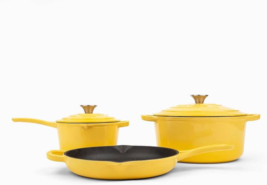 Larder & Vine 5-Piece Enameled Cast Iron Cookware Set - Includes 5.7 Quart Dutch Oven with Lid, 10.25 Inch Skillet, 2.2 Quart Saucepan with Lid (Limoncello)