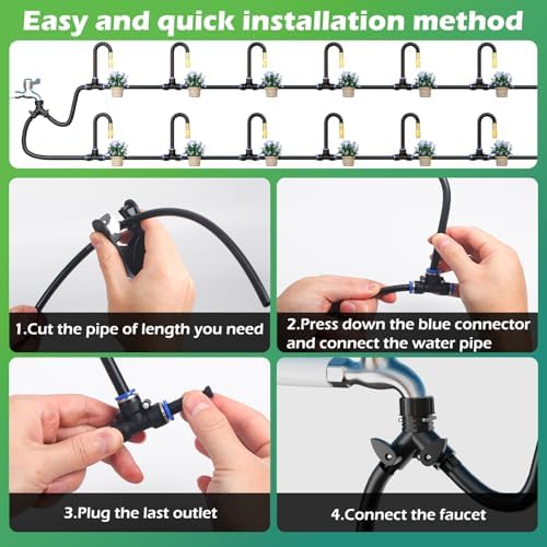 Drip Irrigation System 100 FT with 32 Nozzles, 360° Adjustable Bendable Garden Watering Misting System for Greenhouse, Yard, Lawn, Plant, Garden, 1/4 inch Hose (OD: 6mm)