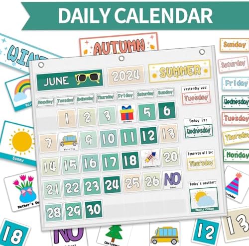 Mewise Classroom Calendar Pocket Chart for Wall, Weather Pocket Chart for Kids, Groovy Classroom Decor Set Includes 126 Cards, Hanging Display for School, Homeschool, Kindergarten, Bulletin Board (White)