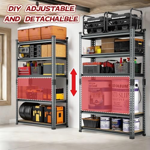 Garage Shelving Heavy Duty, 2450LBS Metal Storage Shelves 5 Tier, Adjustable Shelving Unit 30" W x 12" D x 62" H, Boltless Garage Storage Rack for Grage Basement, Pantry, Warehouse 1Pcs