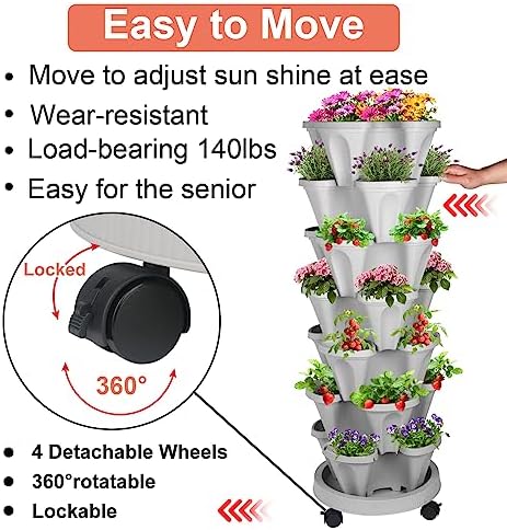 GameXcel Vertical Planter Tower - 7 Tier Stackable Garden Planters with Wheels and Tools Plant Pots for Strawberry Herb Flower and Vegetable Indoor Outdoor Use Gray
