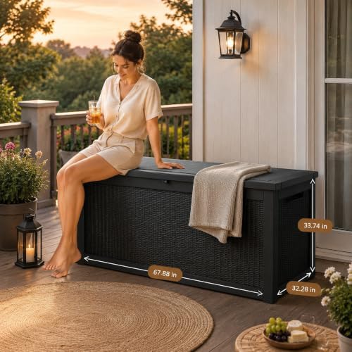 320 Gallon Outdoor Storage Box Resin Deck Box All Weather Waterproof Large Lockable Storage Container Deck Box for Patio Cushions, Garden Tools, Lockable, Black New