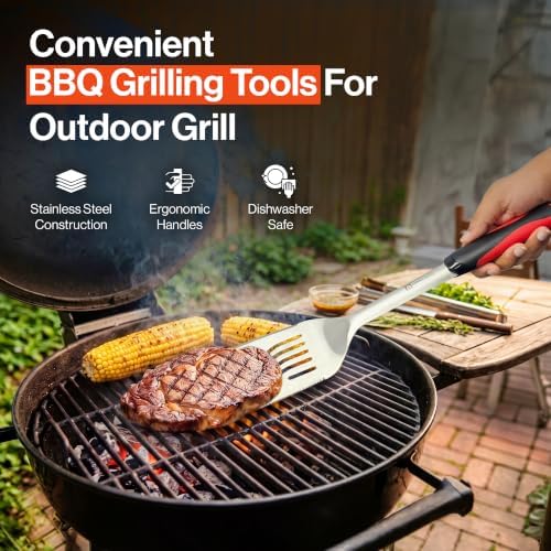 5PCS Grilling Tools for Outdoor Grills - Premium Grilling Utensil Set - Spatula, Tongs, Fork, Thermometer & Brush with Carrying Bag - BBQ Grill Sets for Men - BBQ Grill Accessories Gifts