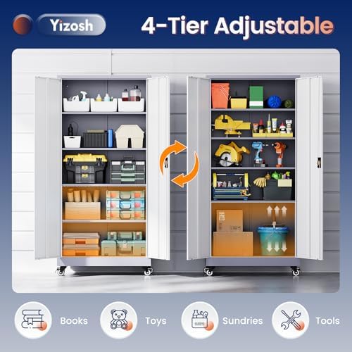 Yizosh Metal Garage Storage Cabinet with Locking Doors and Adjustable Shelves,- 75" Rolling Steel Tool Cabinet for Home Office,Garage,Warehouse