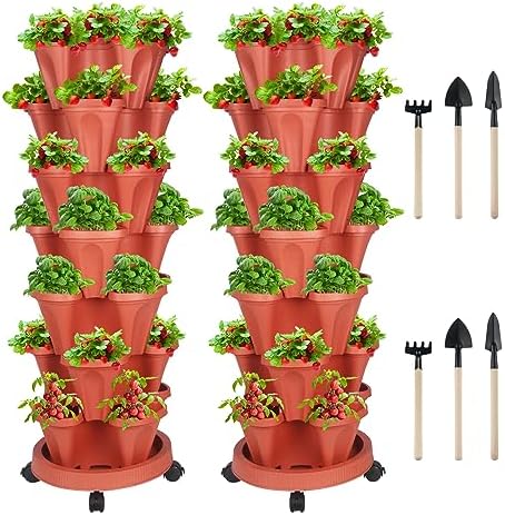 GameXcel Vertical Planter Tower - 7 Tier Stackable Garden Planters with Wheels and Tools Plant Pots for Strawberry Herb Flower and Vegetable Indoor Outdoor Use Red 2 Pack