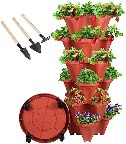GameXcel Vertical Planter Tower - 6 Tier Stackable Garden Planters with Wheels and Tools Plant Pots for Strawberry Herb Flower and Vegetable Indoor Outdoor Use Red