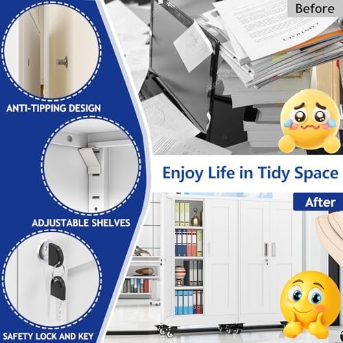 GAIOUS Metal Garage Storage Cabinet with Lock and Wheels, 45.7" Tall Metal Storage Cabinets with Locked Door and 3 Adjustable Shelves, Rolling Tool Cabinet, Utility File Cabinet for Home Office, White
