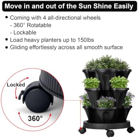 GameXcel Vertical Planter Tower - 3 Tier Stackable Garden Planters with Wheels and Garden Tool Set Plant Pots for Strawberry Herb Flower and Vegetable Indoor Outdoor Use Black