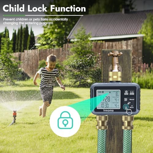 Insoma Water Timer with Brass Inlet, 2 Independent Zones Outdoor Hose Timer for Garden Faucet with Auto/Manual/Rain Delay Mode, Sprinkler Irrigation Timers for Yard Lawn