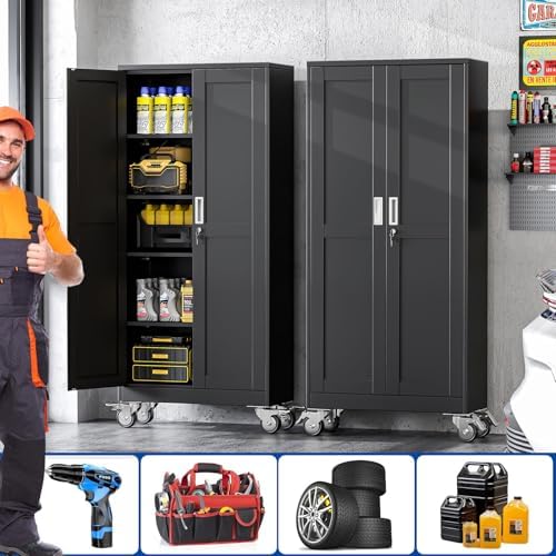 GAIOUS Metal Garage Storage Cabinet with Lock, Steel Tool Cabinet with 2 Door and 4 Adjustable Shelves, 71” Tall Lockable File Cabinet with Wheels, Rolling Cabinet for Home Office Garage Gym - Black