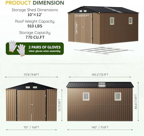 Outdoor Steel Storage Shed with Floor Frame 10 x 12 ft, Brown