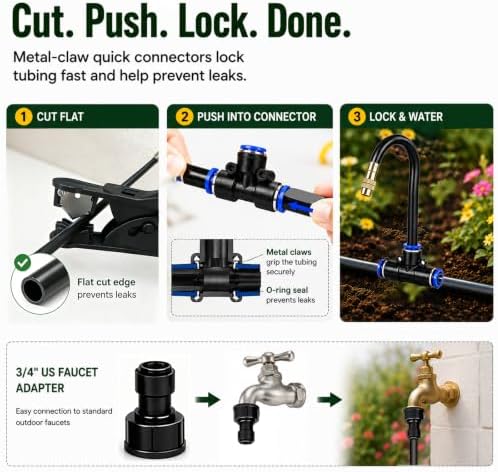 5/16" Drip Irrigation System 65 ft with 16-Pcs 360° Adjustable Copper Nozzles, Automatic Misting Watering System for Garden, Raised Beds, Greenhouse (65ft+16 nozzles)