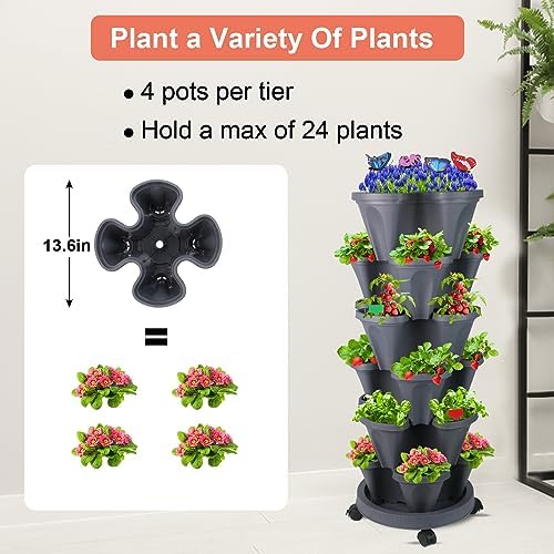 GameXcel Vertical Planter Tower - 6 Tier Stackable Garden Planters with Wheels and Garden Tool Set Plant Pots for Strawberry Herb Flower and Vegetable Indoor Outdoor Use Dark Gray