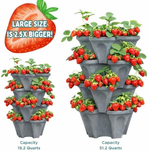 Vertical Garden Planter 4 Tier Stackable System 16 Plants, Space Saving Herb, Strawberry & Food Crop Planter with Center Support Hole for Indoor Outdoor Gardening (4, Slate Gray, Large)